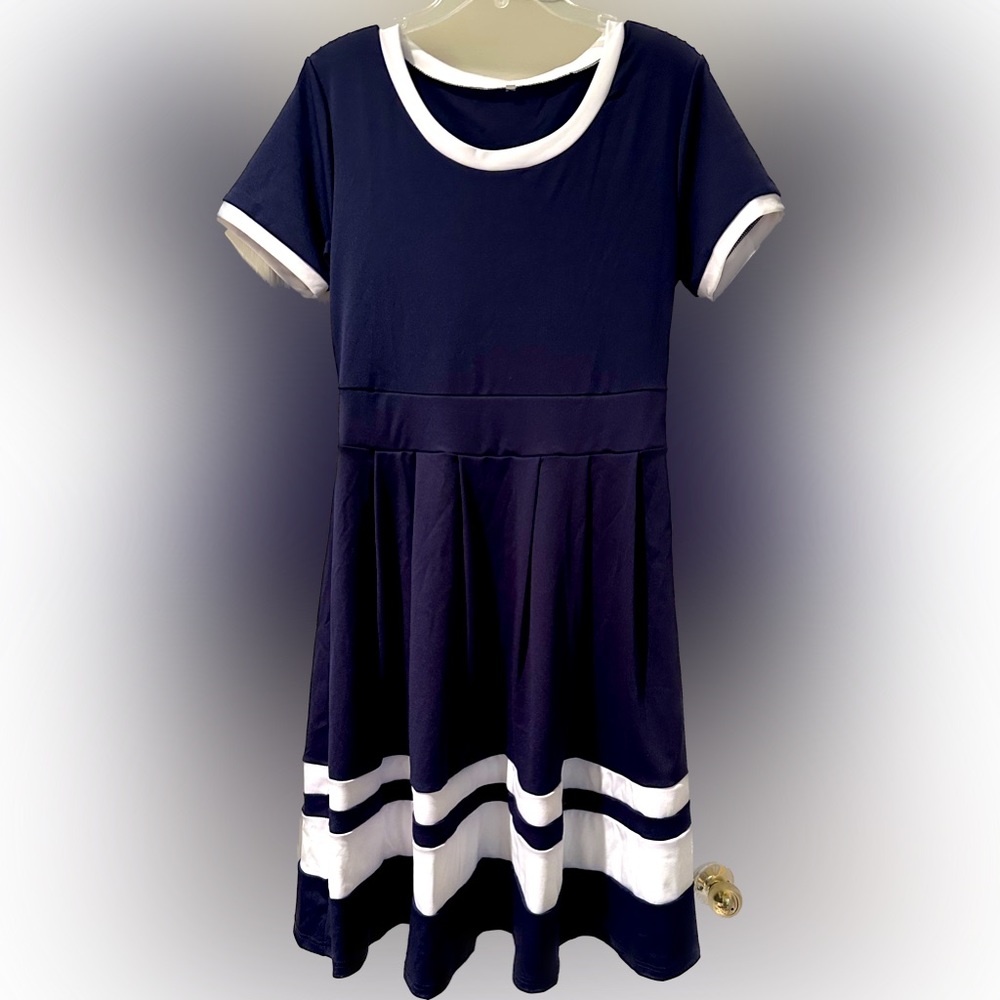 Navy Nautical stripe border dress cool feeling fabric with stretch sailor A-Line